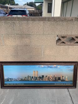 vintage framed panoramic photograph titled "New York City Panorama - Manhattan at Dawn," featuring the original World Trade Center Twin Towers. 60”x22
