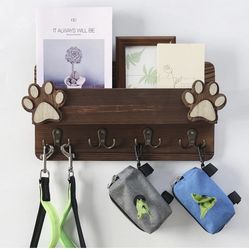 Hirusticate Wood Dog Leash Holder for Wall with 4 Brass Hooks for Dog Collar Pet Treats as Key and Mail Holder for Wall, Dog Poop Bag Holder Coat Rack