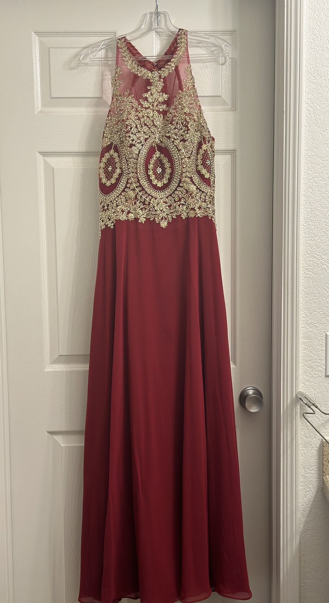 Burgundy And Gold Prom Dress