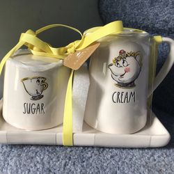 Rae Dunn New Disney Beauty and the Beast Cream & Sugar w/ Tray Mrs. Potts Teapot and Chip the Mug No Damage