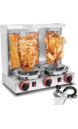 3 Burners Shawarma Grill Machine Gas Vertical Rotisserie Chicken Machine, 30 lbs Capacity Countertop Rotating Broiler Gyro Meat, 110V