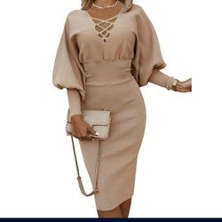 Dresses Deep V-Neck Drawstring Pleated Hip Skirt Long Sleeve Tight Dress