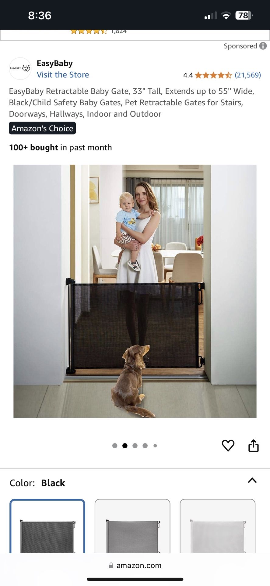 EasyBaby Retractable Baby Gate, 33" Tall, Extends up to 55" Wide, Black/Child Safety Baby Gates, Pet Retractable Gates for Stairs, Doorways, Hallways,