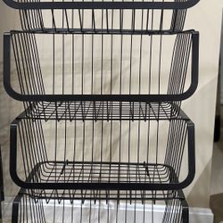 4-Tier Black Wire Storage Cart on Wheels – Stackable Baskets – Modern Industrial