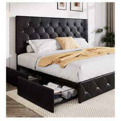 King Size Faux Leather Platform Bed w/ 4 Storage Drawers – Brand New