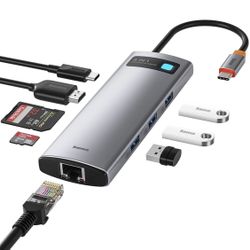 Baseus 8-in-1 USB C Hub Docking Station, USB C Adapter with 4K HDMI, 3 USB 3.0, TF/SD Reader, Ethernet, 100W Power Delivery Compatible with MacBook, S