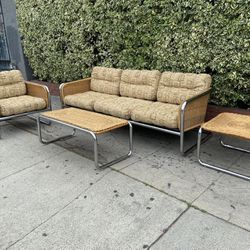 Mid Century Wicker and Chrome Three Seater Sofa, Lounge Chair, Coffee Table and Side Table by Martin Visser.