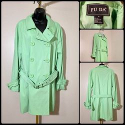 Vintage Fu Da Mint Green Belted Vinyl Trench Rain Coat size Medium