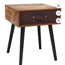 Mid-Century Accent Bedside Table W/ Fabric Drawer Rustic Brown