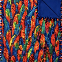 “Colorful Feather Pattern Fleece Blanket, Reversible with Blue Backing – 54x68”