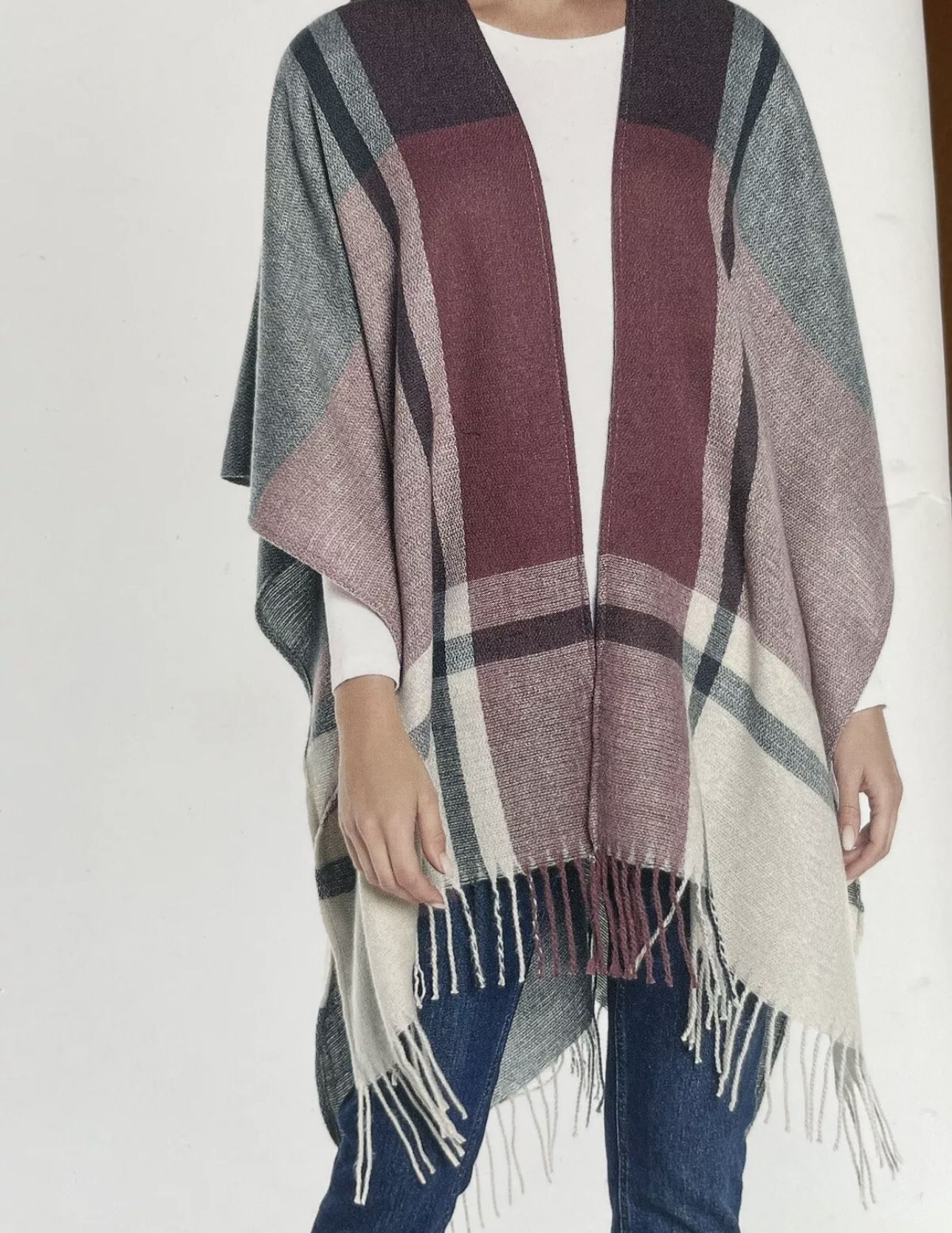 Three Dots Cashmere Blend Wrap with Fringe Plaid - New in Packaging