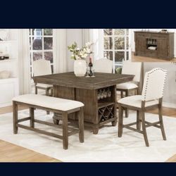 Brand New 6 Pcs Dinning Set  Counter Height Brown Wood Beige Fabric Chairs Storage Base Wine Shelves Table 48 x 54 x 36H $1190 