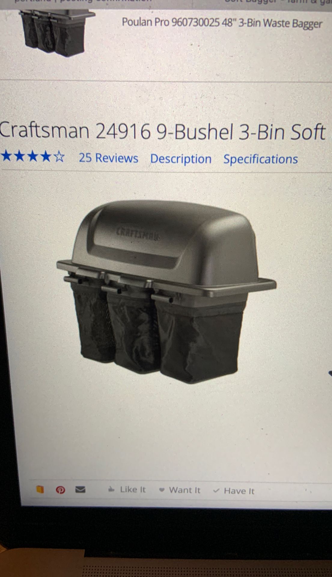 Craftsman 24916 9-bushel 3-bin soft bagger