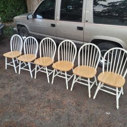 Dining Table Chairs/Set Of 6/ White And Oak/Rare/Solid Wood/Country/Farmhouse/Western/Rustic/Shabby/Distressed/Windsor Design/Bars/Seats/ Bench