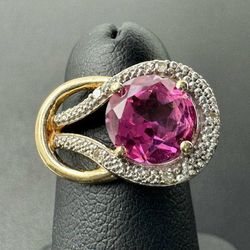 10k two tone gold diamond and pink stone ring size 5