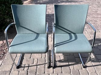 Pair of Modern Dauphin Cantilever Chairs – Sea Glass Color Fabric + Chrome
