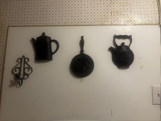 Cast Iron Wall Decor Set Teapot Coffee Pot Skillet Scroll Design