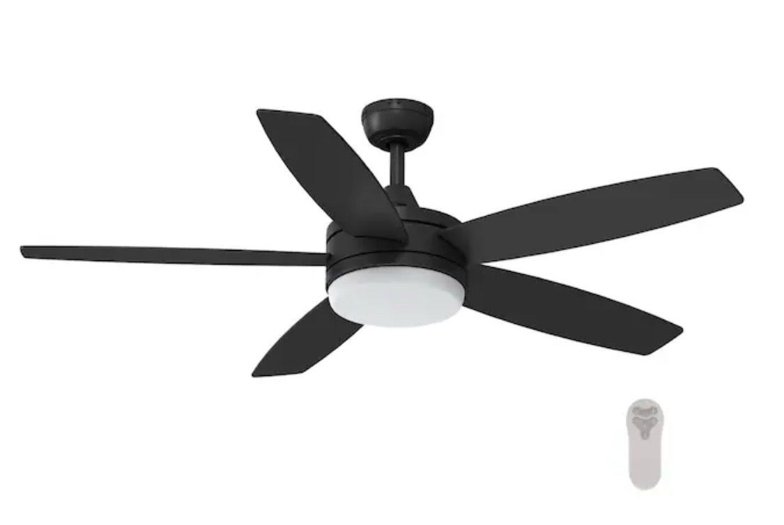 52-in Matte Black 5 Blade Ceiling Fan with LED Light and Remote Control.