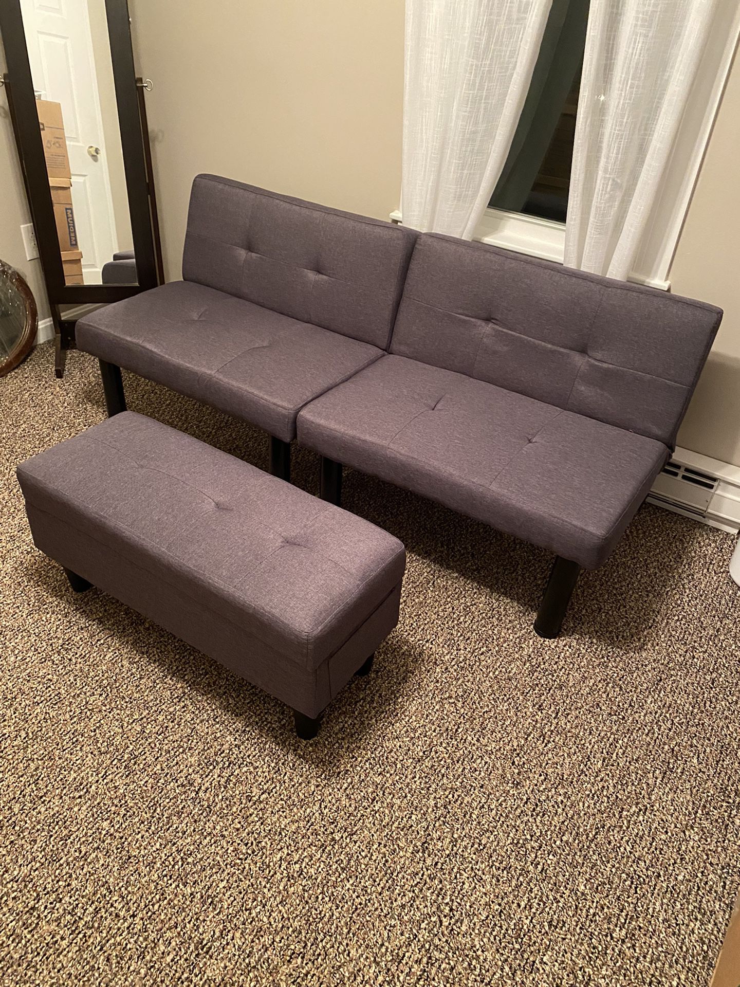Seating And Futon Set   Brand New.  Assembled But Never Used.  Can Be Used As Shown Or Sofa Separated Into Two Chairs   Paid $210