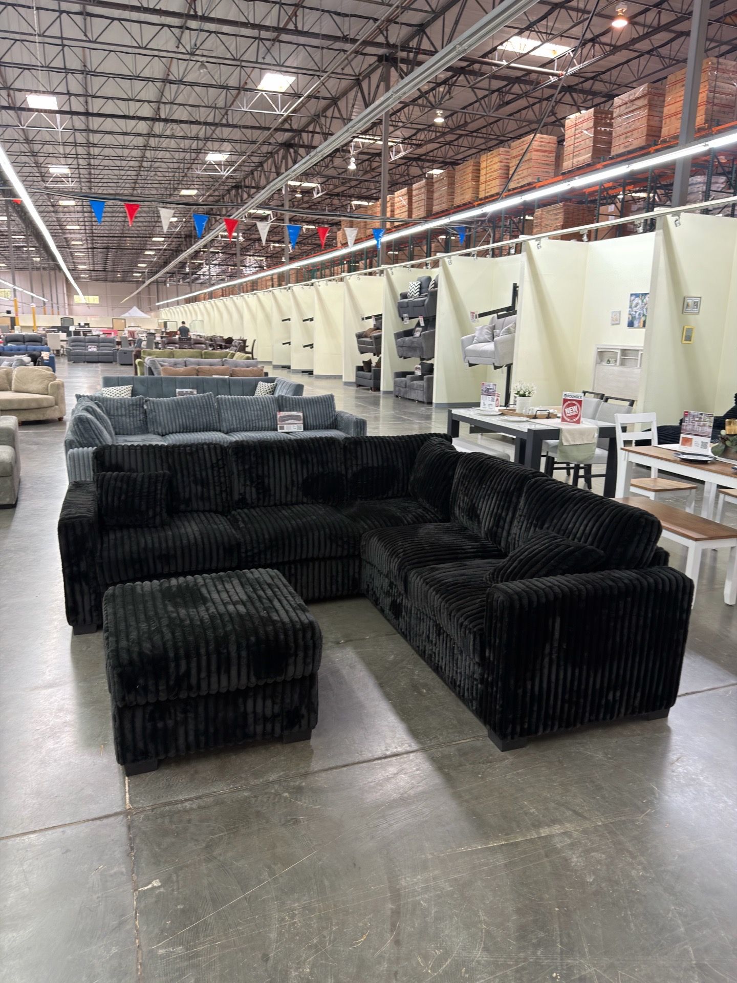 Black plush corduroy couch with ottoman