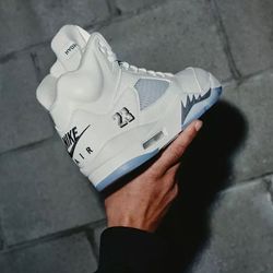 All white jordan 5”s metallic