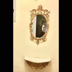 Vtg. 1950s Hollywood Regency Style Gold Mirror + Wall Marble Shelf Set Turner Co. Hanging Wall Decor
