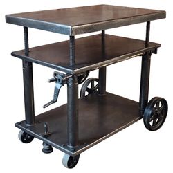 Portelvator vintage industrial cart elevating table Schilchter Hamilton Tool Co handncrank height adjustable steel deck cast iron casters steampunk