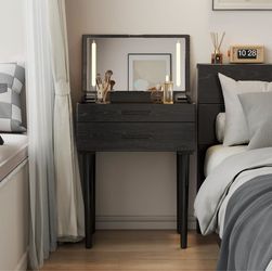 Solid Wood Small Vanity Desk with Mirror and Lights, 23.6", Black