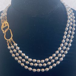 Kenneth J Lane KJL Silver Gray Three Strand Drop Glass Pearl 17” Necklace