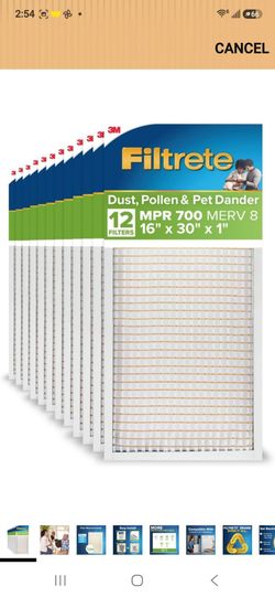 (12 pack) Filtrete 16x30x1 AC Furnace Air Filter, MPR 700, MERV.