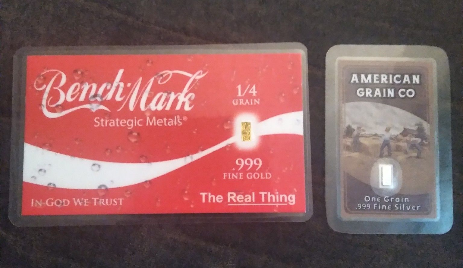 1- 1/4 Grain .999 Solid Gold Bar & 1- 1 Grain .999 Solid Silver Bar