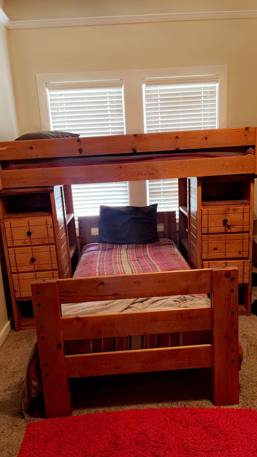 Wood Twin Bunk Bed, Desk, Game Console Dresser Set