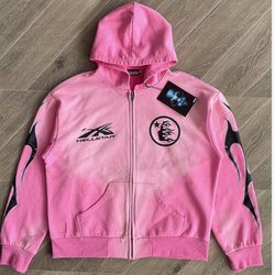 Hellstar Pink Chrome Zip Up Hearts Hoodie Logo Denim Jeans Tears Hooded Jacket Sweater Small S Medium M Large L XL
