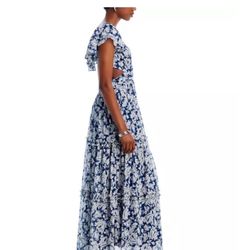 Aqua Womens Flutter Sleeve Metallic Maxi Dress NWOT Blue, White, and Gold