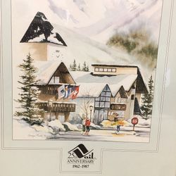 Vintage 1987 Vail Colorado Poster 25Th Anniversary 33“ X 24“ Black Aluminum Frame Charmayne Bernhardt Watercolor