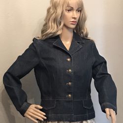 Vintage Petite Sophisticates Denim Fitted Jacket Pleated Ruffle Back Size 8 