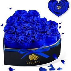 BRAND NEW! 16 Preserved Forever Blue Roses in a Heart Box