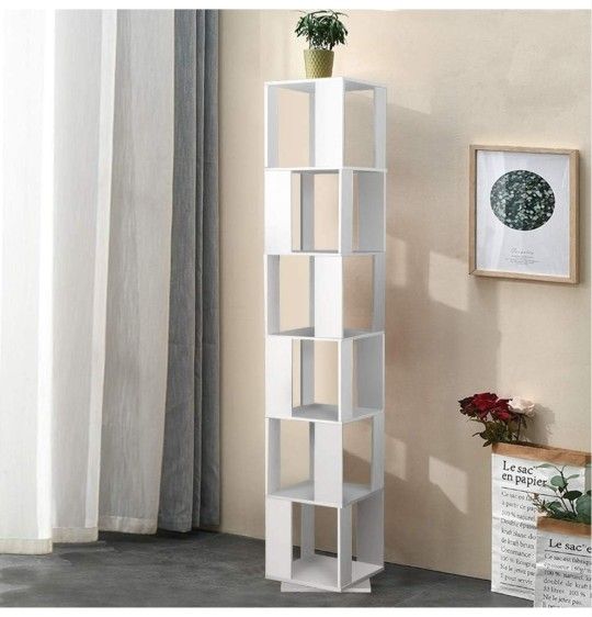 Living Room 6-Tier Rotating Wood Bookcase Tall Corner Bookshelf Floor Standing 360° Swivel Spining Shelf Book Storage Rack Bedroom Home Office Decor