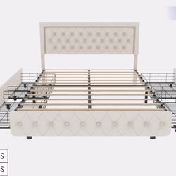 Queen Storage Bed Frame – Cream Upholstered Tufted Bed with Drawers