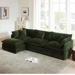 Green Cloud Couch with Movable Ottoman, Modern L Shaped Modular Sectional Sofa, Deep 4 seat Couches for Living Room, Apartment, Office
