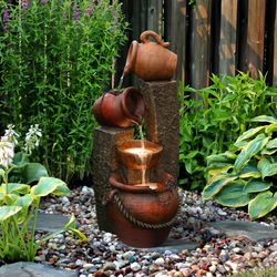 32 Inch Resin Outdoor Water Fountain with Lights, Farmhouse Outdoor Water Features F1433