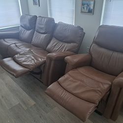 Brown Leather Lazboy Sofa And 2 Couch Seats