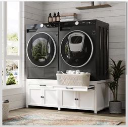 Double Laundry Pedestal for Washer and Dryer, Universal Washing Machine Stand with Laundry Basket Shelf & Storage Shelves, Anti-Vibration, White $140 