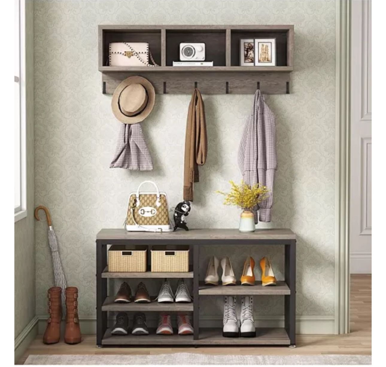 Coat Rack Set and Industrial Shoe Bench, 3 Storage Cubbies, 7 Hooks for Entryway, Hallway, 5-in-1Design