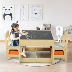  3 in 1 Toddler Wood Table & 2 Chairs Set, Activity Table for Toddlers, Natural