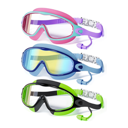 Brand new 3 Pack Swimming Goggles, Kid Goggles with Earplugs Large Frame Anti-Fog/UV Wide View Swim Goggles Boys Girls 4-12