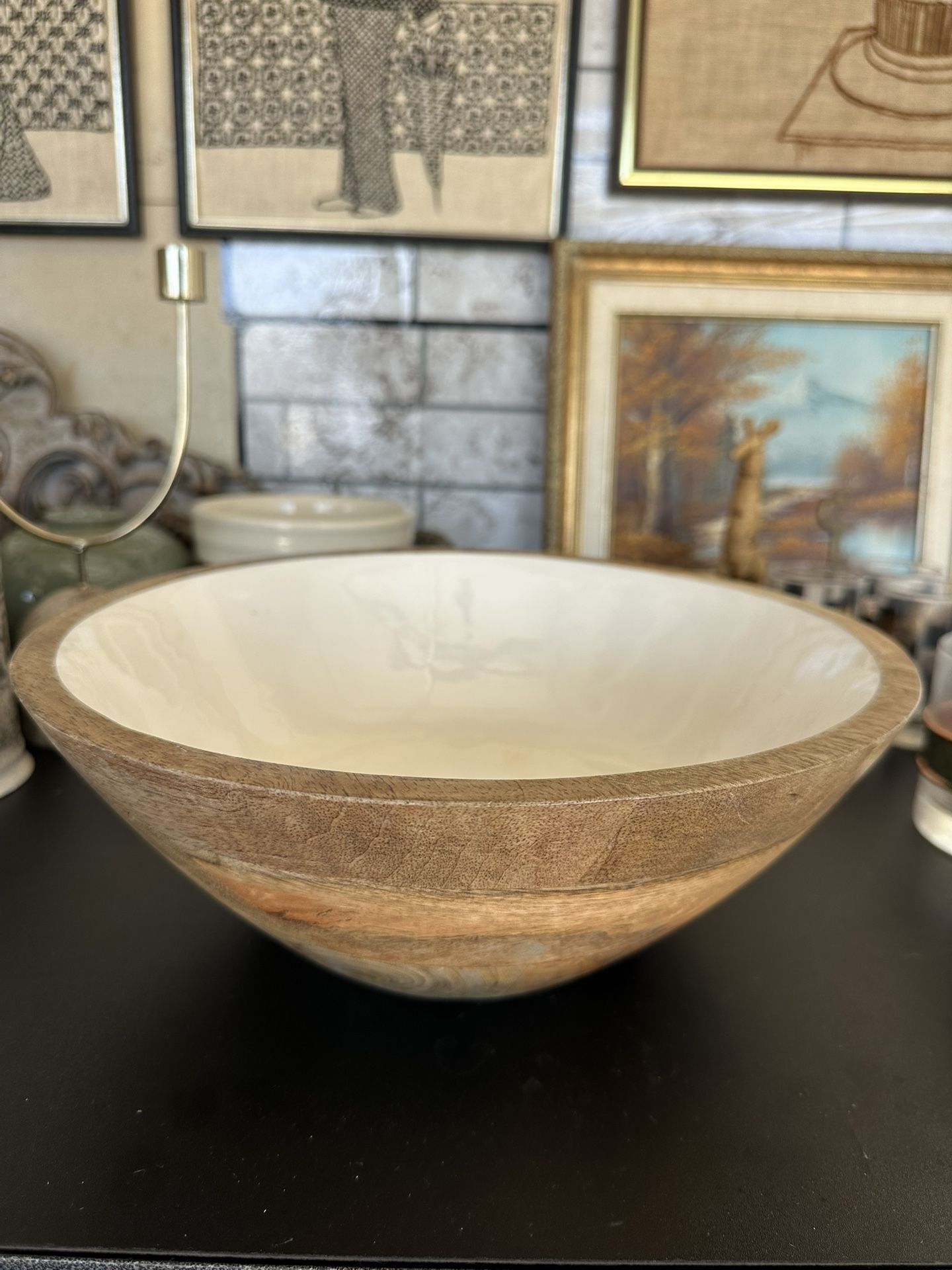 French Country Farmhouse White Enamel Lined Deep Mango Bowl