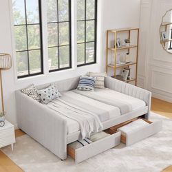 Light Gray Upholstered Sofa Bed  With Mattress Included And Two Storage Drawers