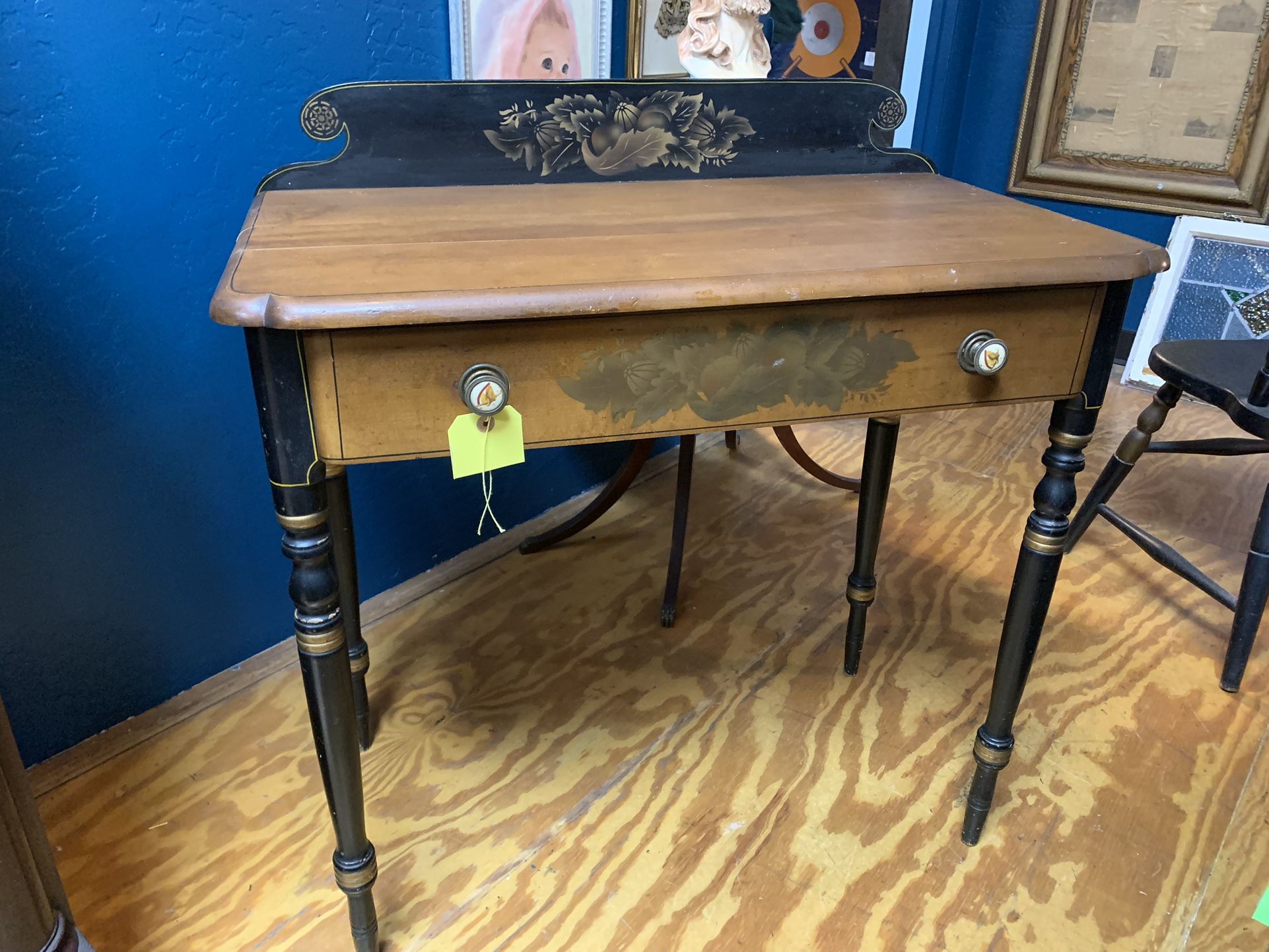 Vintage Small Desk With Black And Gold Accents