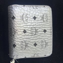 MCM Metallic Silver Coated Canvas Visetos Zip Compact Wallet
